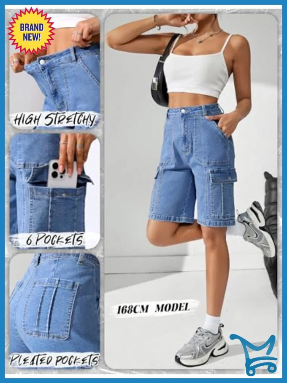 High Waisted Bermuda Cargo Shorts for Women Stretch Denim 9 Inch Inseam